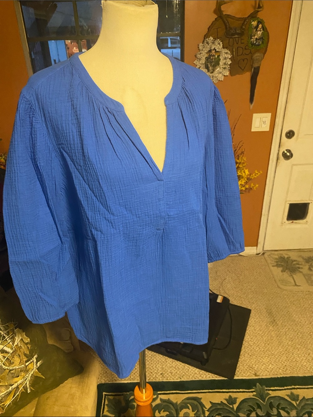 J.JILL Blue Cotton Gauze V-Neck Tunic Top